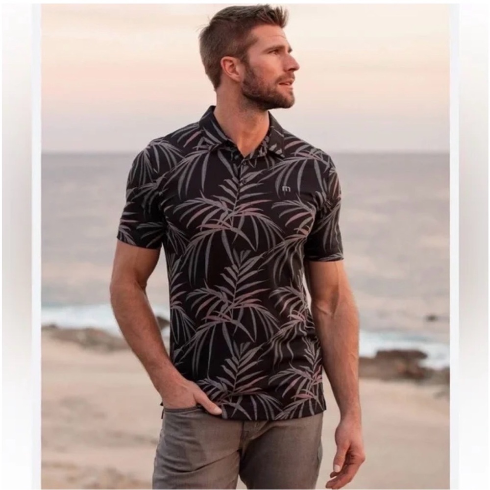Travis Mathew Palm Print Golf Polo in Black Sz Large 0179